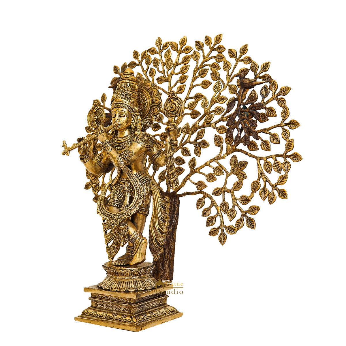Brass Standing Krishna Idol with Tree 22" by StatueStudio