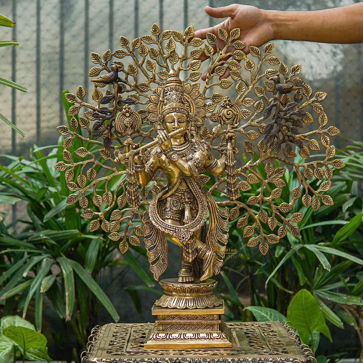 Brass Standing Krishna Idol with Tree 22" by StatueStudio