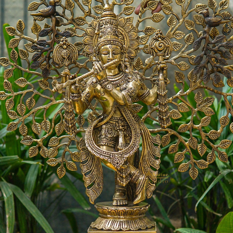 Brass Standing Krishna Idol with Tree 22" by StatueStudio - Image 2