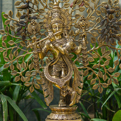 Brass Standing Krishna Idol with Tree 22" by StatueStudio by vendor-unknown - Hindu Gods (View 2)