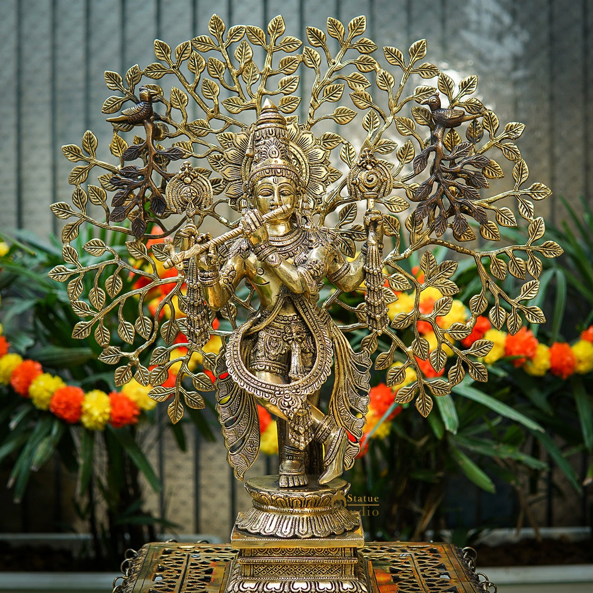 Brass Standing Krishna Idol with Tree 22" by StatueStudio - Eco-friendly - Sama Homes