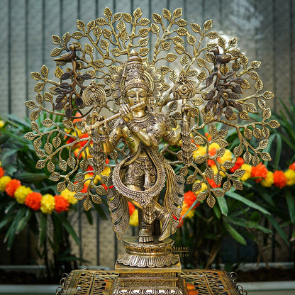 Brass Standing Krishna Idol with Tree 22" by StatueStudio by vendor-unknown - Hindu Gods