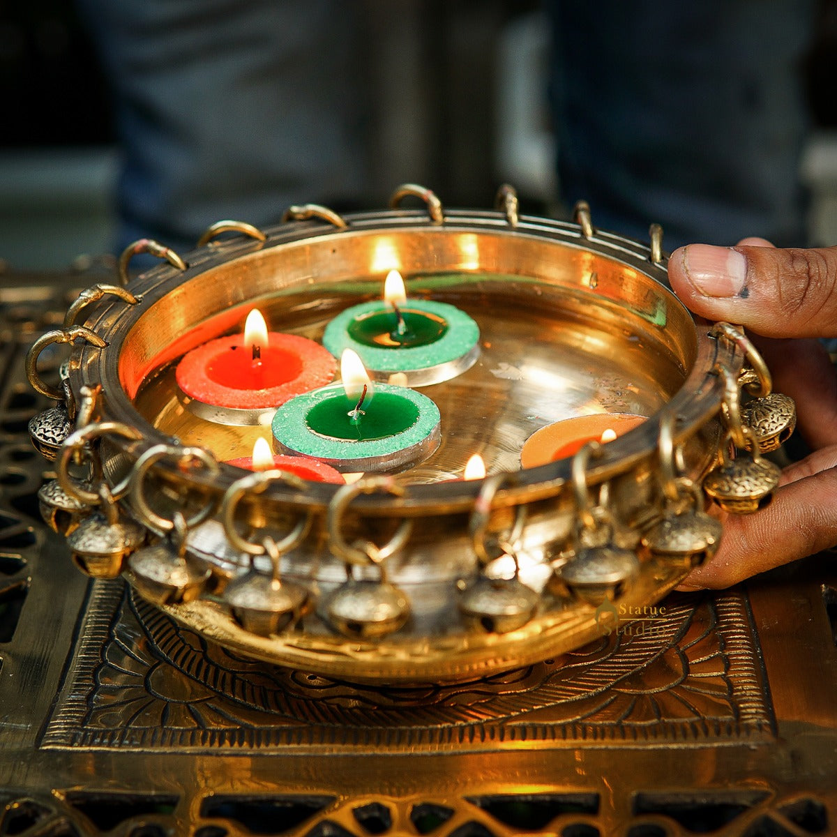 Brass Small Urli Bowl Showpiece With Bells For Home Table Pooja Room Diwali Decor