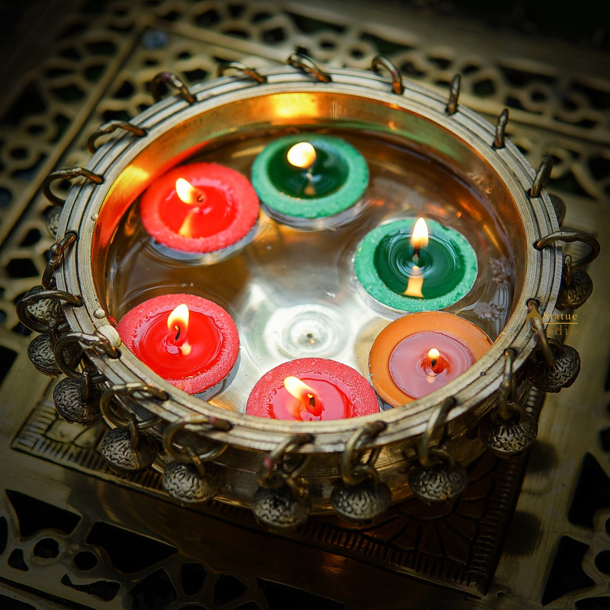 Brass Small Urli Bowl Showpiece With Bells For Home Table Pooja Room Diwali Decor - Eco-friendly - Sama Homes