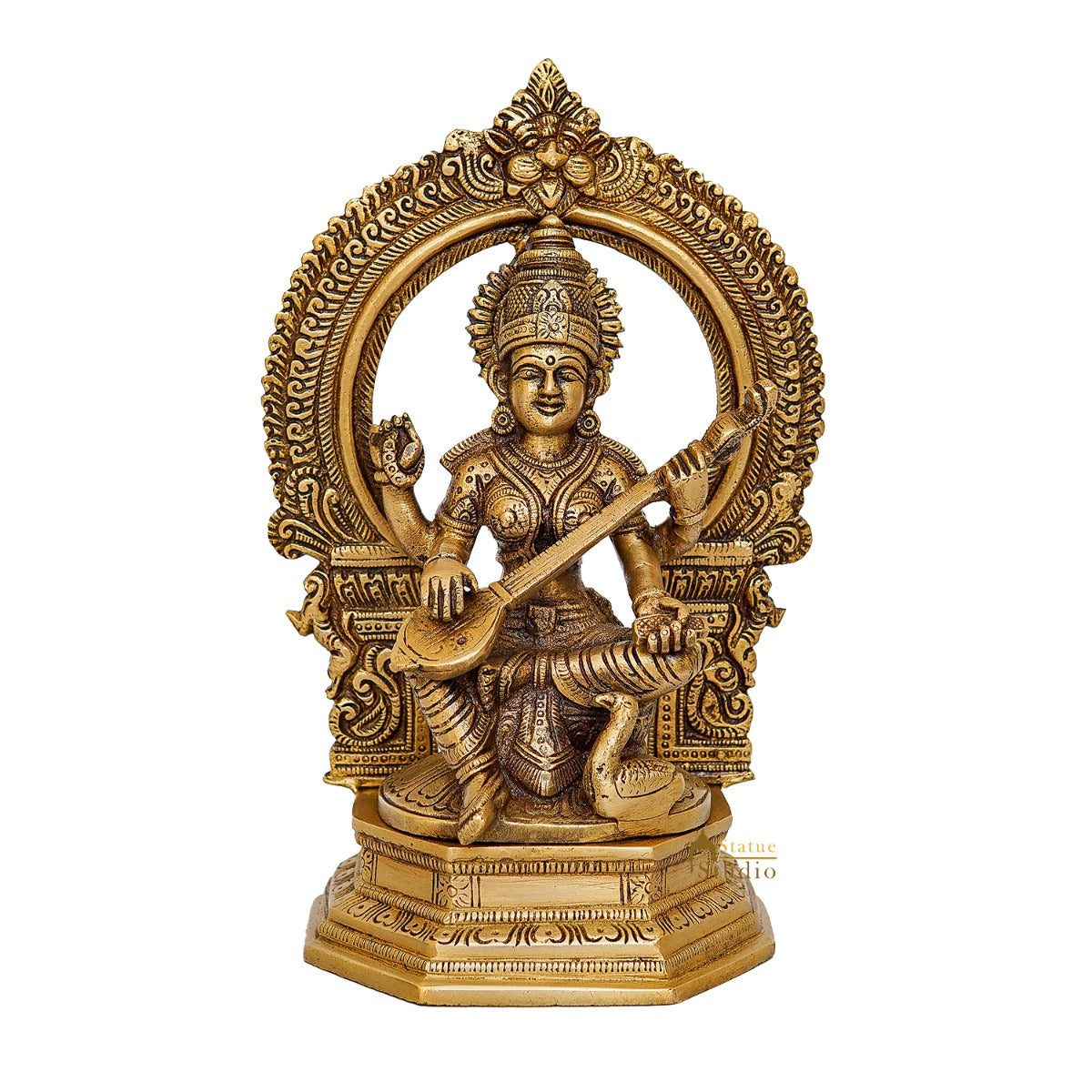 Brass Saraswati Idol For Home Temple Pooja Decor Lucky Gift Statue 10" - Image 3