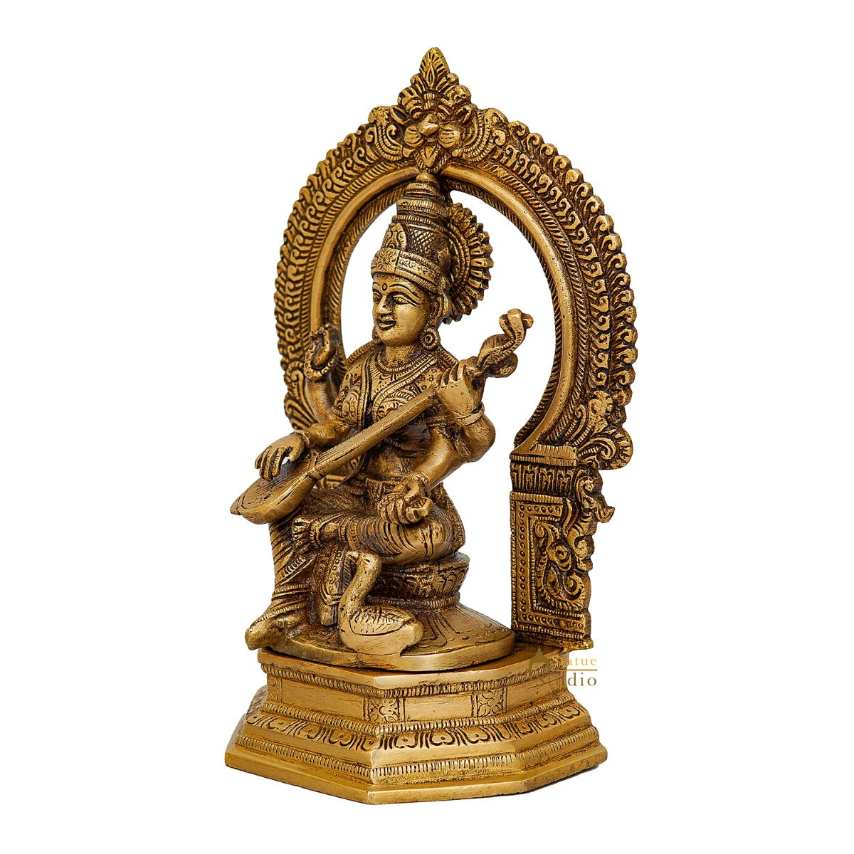 Brass Saraswati Idol For Home Temple Pooja Decor Lucky Gift Statue 10" - Image 4