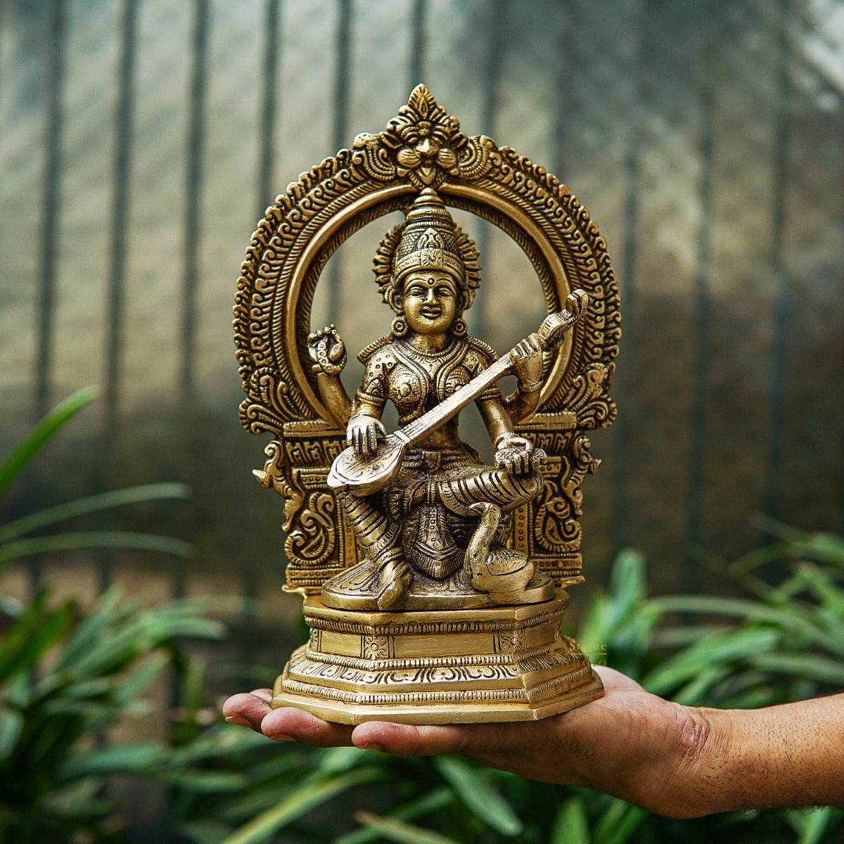 Brass Saraswati Idol For Home Temple Pooja Decor Lucky Gift Statue 10"