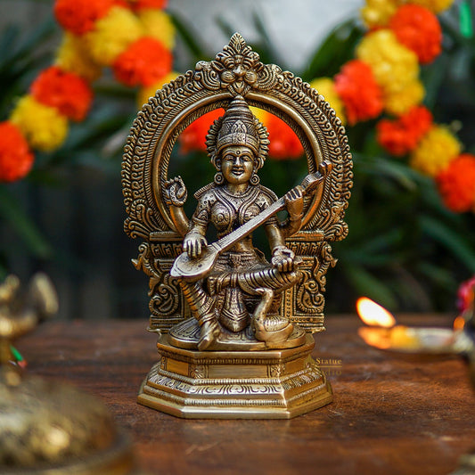 Brass Saraswati Idol For Home Temple Pooja Decor Lucky Gift Statue 10"