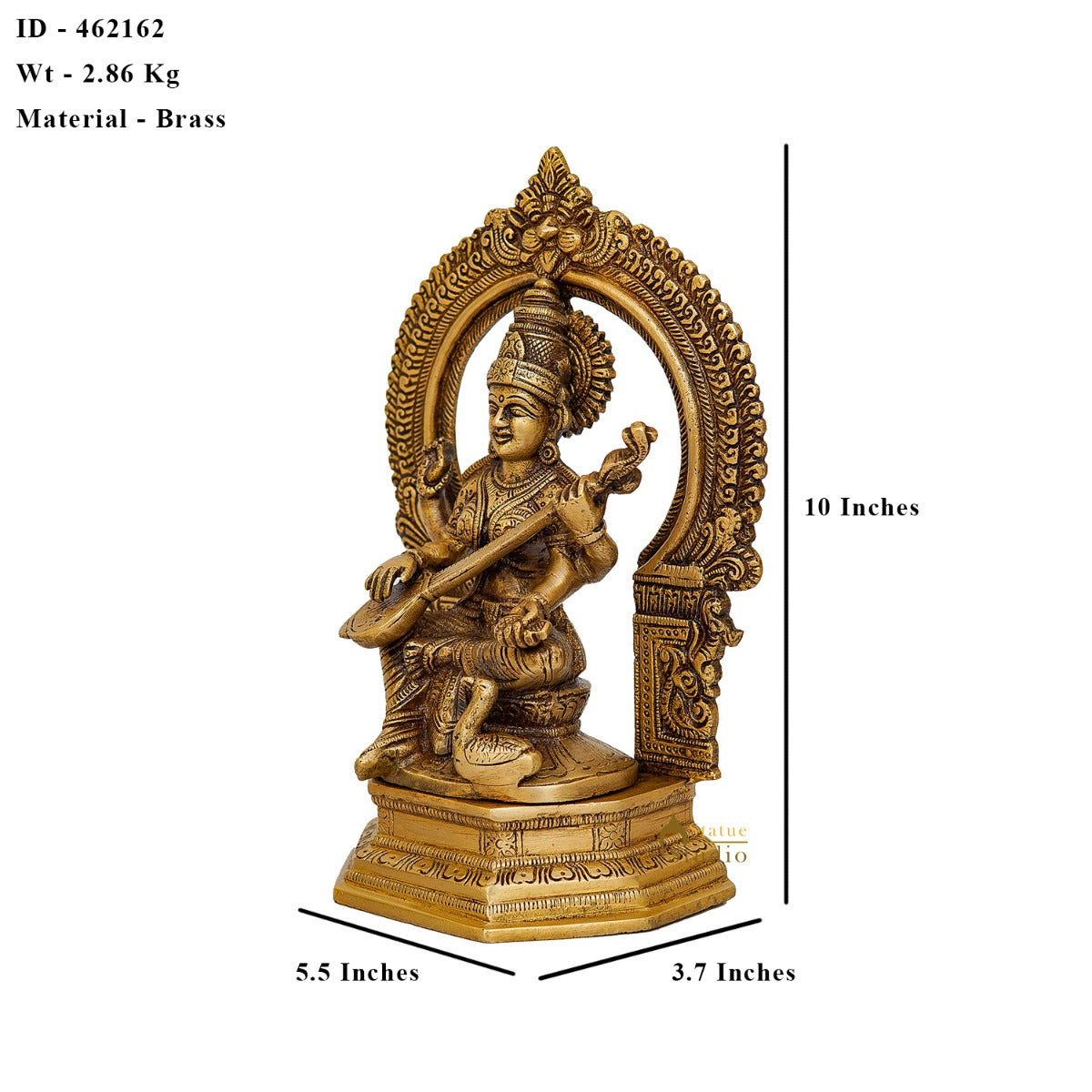 Brass Saraswati Idol For Home Temple Pooja Decor Lucky Gift Statue 10"