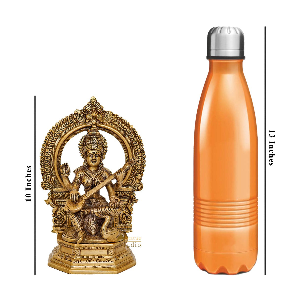 Brass Saraswati Idol For Home Temple Pooja Decor Lucky Gift Statue 10" - Image 7