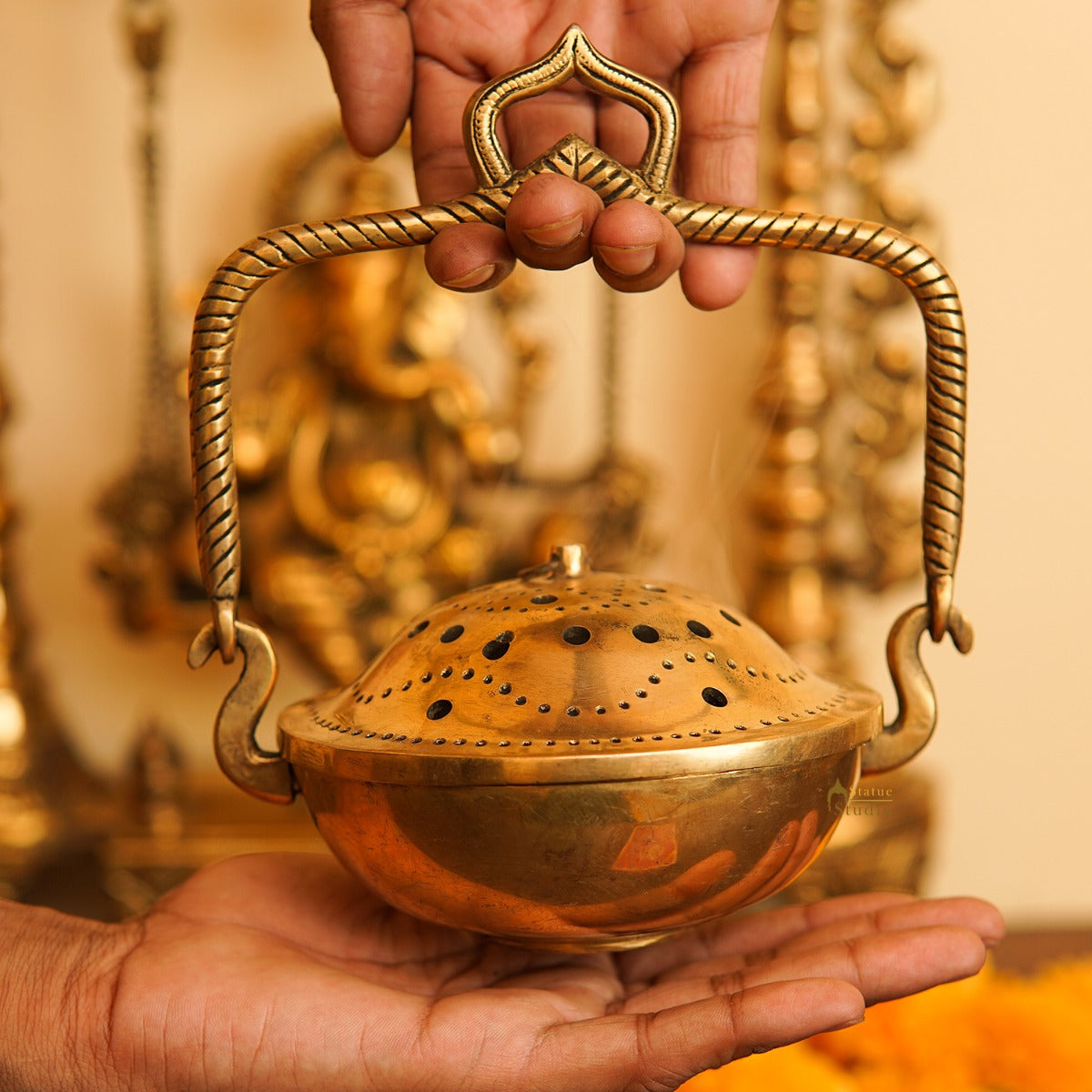 Brass Hanging Dhoop Dani Incense Burner For Pooja Room Decor Diwali Gift Showpiece 3.5"