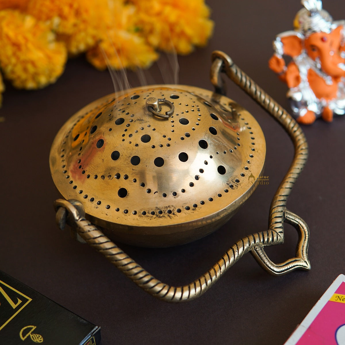 Brass Hanging Dhoop Dani Incense Burner For Pooja Room Decor Diwali Gift Showpiece 3.5" - Eco-friendly - Sama Homes