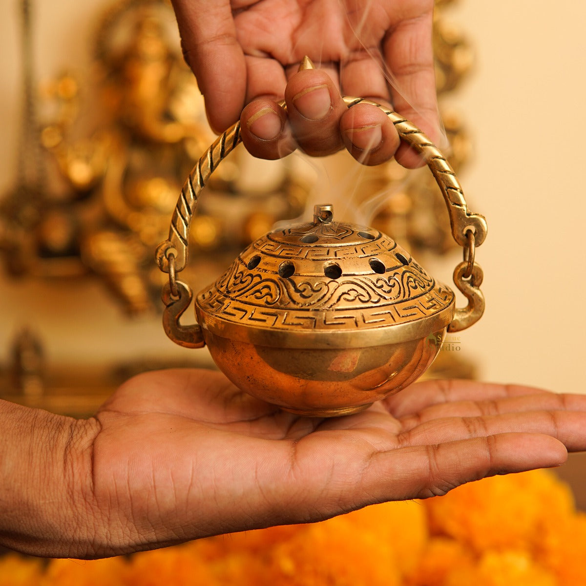 Brass Hanging Dhoop Dani Incense Burner For Pooja Room Decor Diwali Gift Showpiece 3" - Image 3