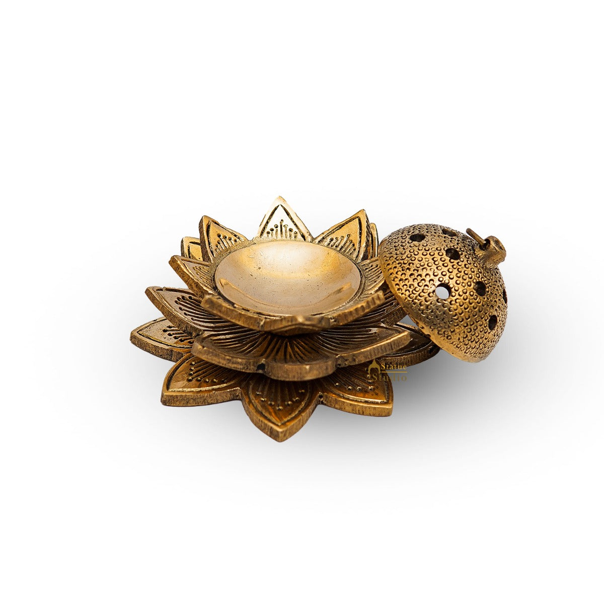 Brass Lotus Shaped Dhoop Dani Incense Burner For Pooja Room Decor Diwali Gift Showpiece 2"