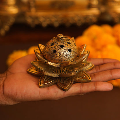 Brass Lotus Shaped Dhoop Dani Incense Burner For Pooja Room Decor Diwali Gift Showpiece 2" by vendor-unknown - Spiritual (View 2)