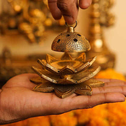 Brass Lotus Shaped Dhoop Dani Incense Burner For Pooja Room Decor Diwali Gift Showpiece 2" by vendor-unknown - Spiritual (View 3)