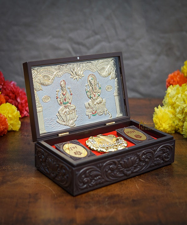 Ganesha Laxmi Wooden Charan Paduka Diwali Pooja Gift Decor Box - Eco-friendly - Sama Homes