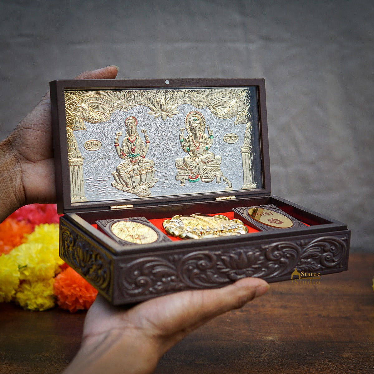 Ganesha Laxmi Wooden Charan Paduka Diwali Pooja Gift Decor Box