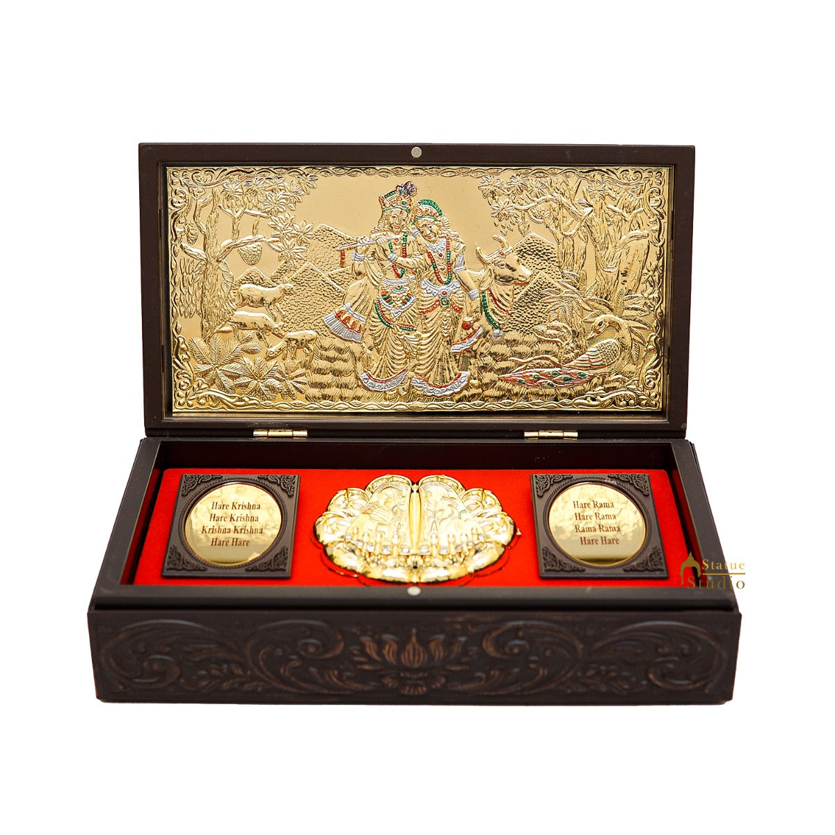 Radha Krishna with Cow Charan Paduka Diwali Pooja Gift Decor Box - Image 4
