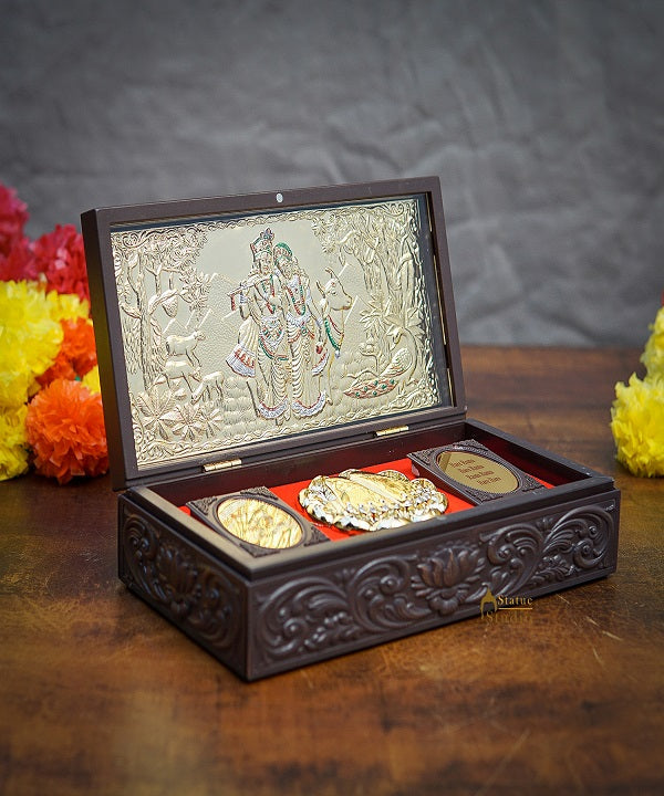 Radha Krishna with Cow Charan Paduka Diwali Pooja Gift Decor Box - Image 2