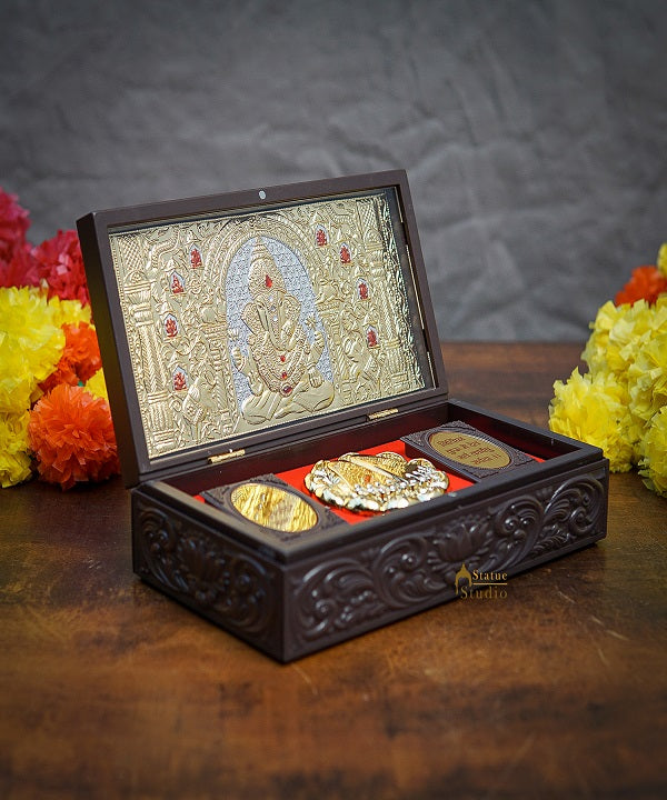 Ganesha Wooden Charan Paduka Diwali Pooja Gift Decor Box