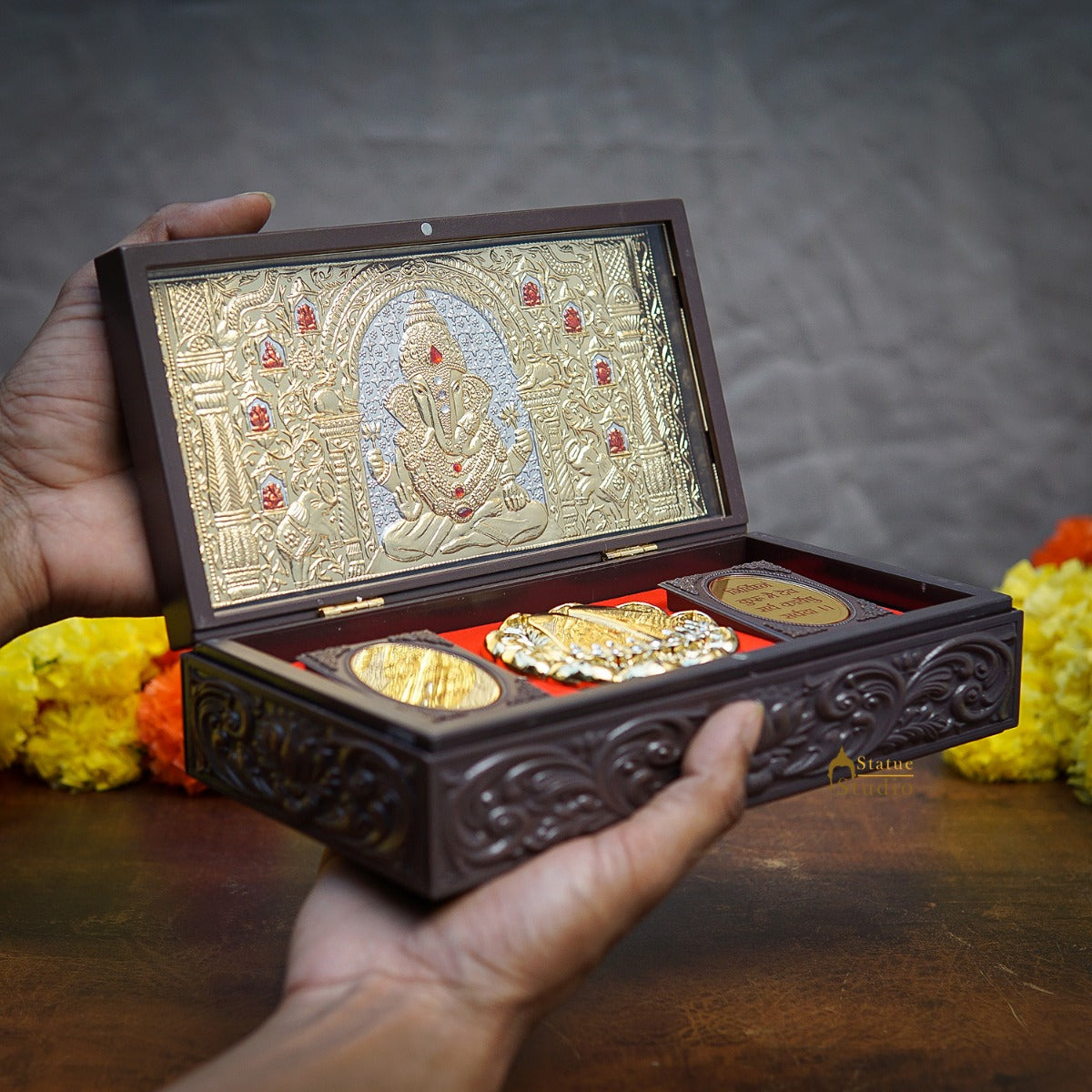 Ganesha Wooden Charan Paduka Diwali Pooja Gift Decor Box