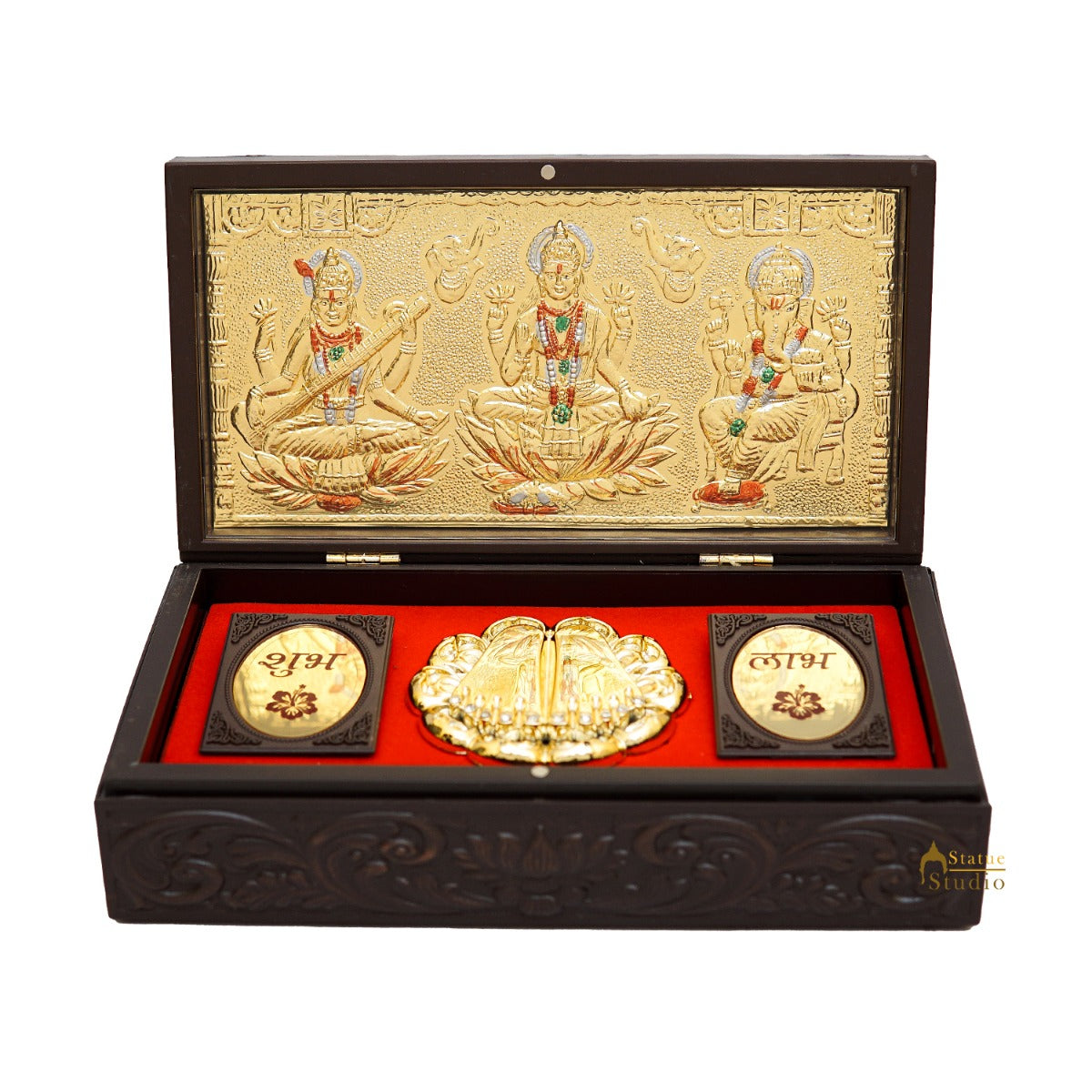 Ganesha Laxmi Saraswati Wooden Charan Paduka Diwali Pooja Gift Decor Box - Image 4
