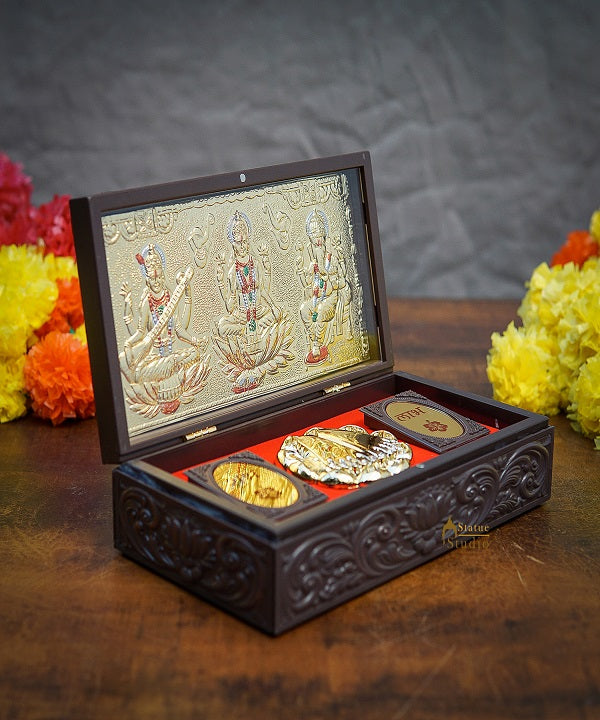 Ganesha Laxmi Saraswati Wooden Charan Paduka Diwali Pooja Gift Decor Box - Image 2