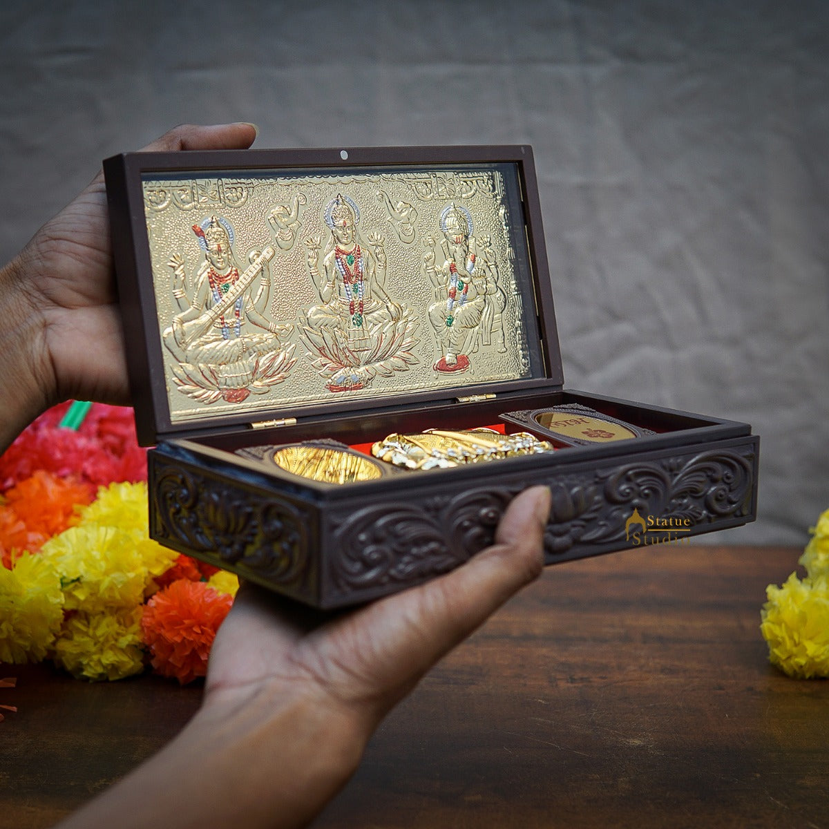 Ganesha Laxmi Saraswati Wooden Charan Paduka Diwali Pooja Gift Decor Box - Image 3