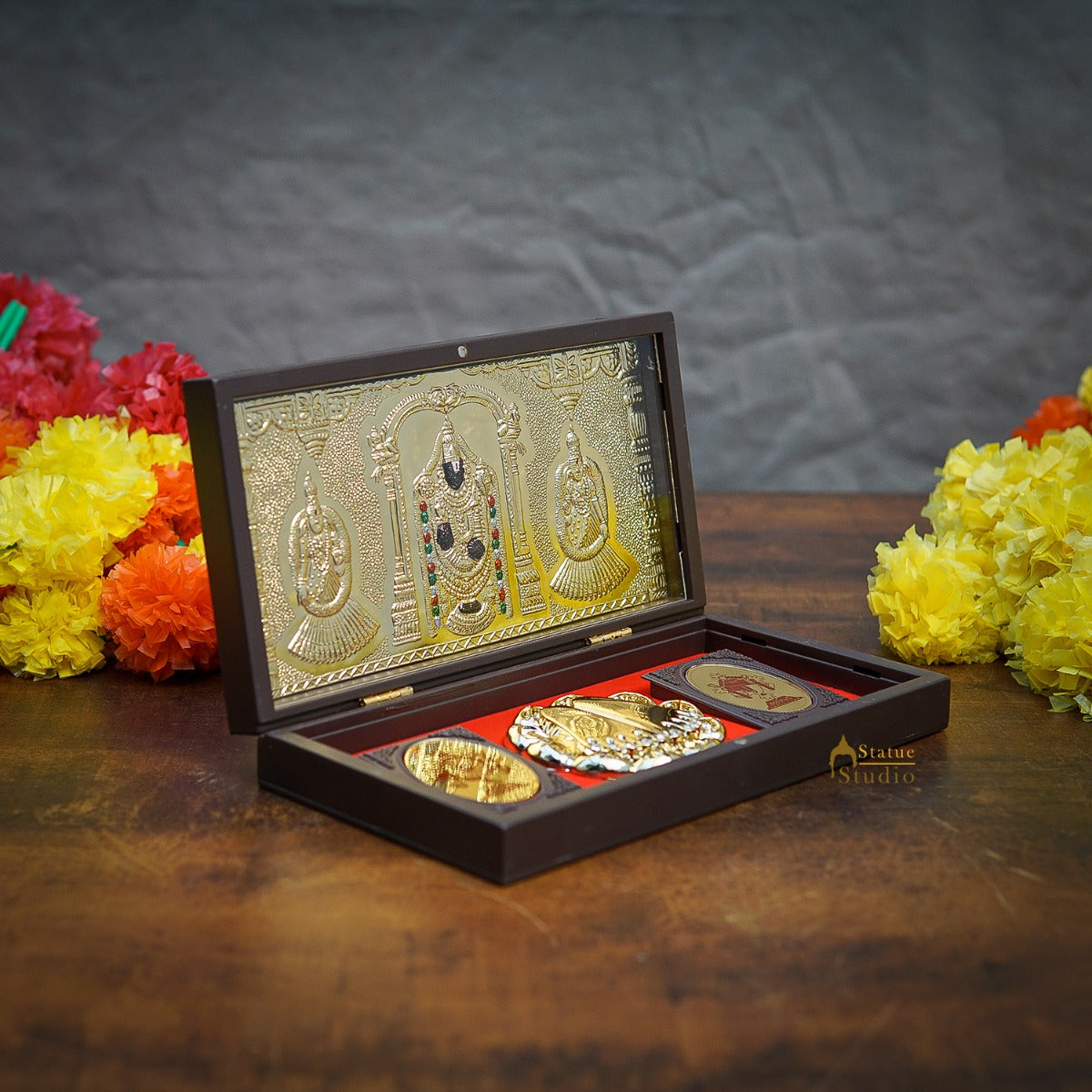Lord Balaji Venkateshwar  Wooden Charan Paduka Diwali Pooja Gift Decor Box - Image 2