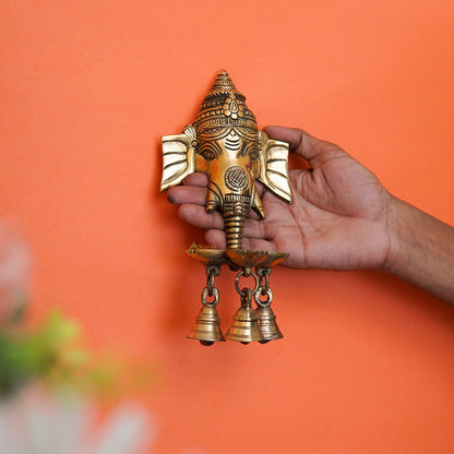 Brass Ganesha Diya Wall Hanging With Bells For Home Decor Gift 8" by vendor-unknown - Decor (View 2)