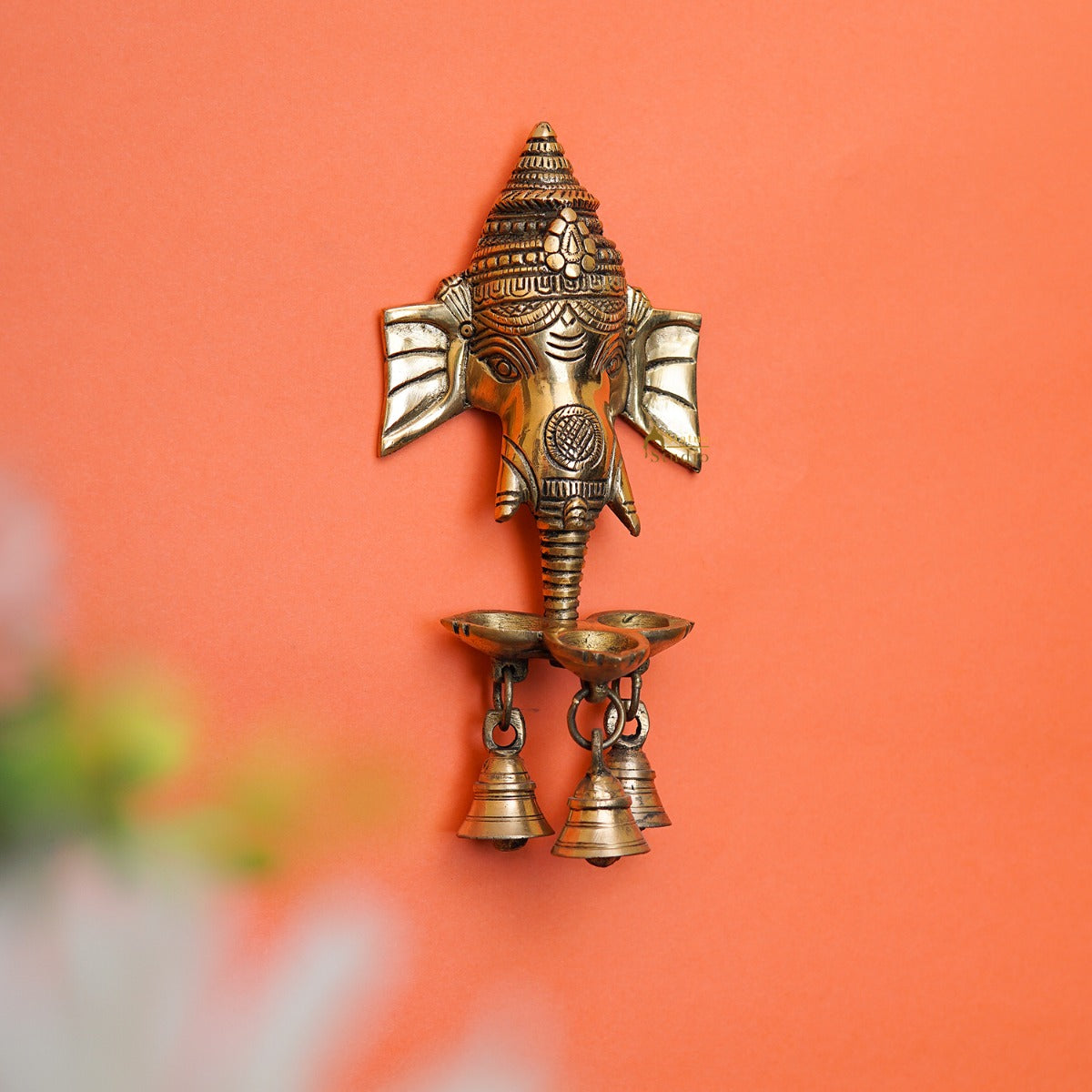Brass Ganesha Diya Wall Hanging With Bells For Home Decor Gift 8" - Eco-friendly - Sama Homes