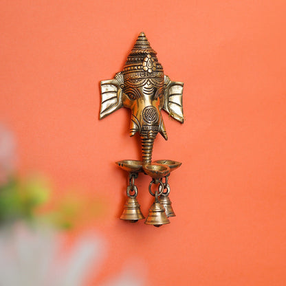 Brass Ganesha Diya Wall Hanging With Bells For Home Decor Gift 8" by vendor-unknown - Decor