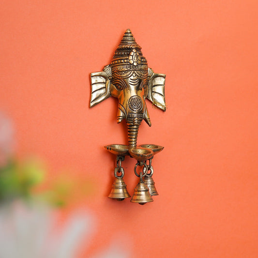 Brass Ganesha Diya Wall Hanging With Bells For Home Decor Gift 8"