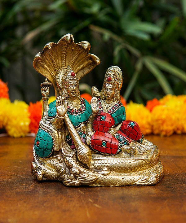 Brass Vishnu Lakshmi Idol Statue For Home Temple Pooja Room Decor 6"