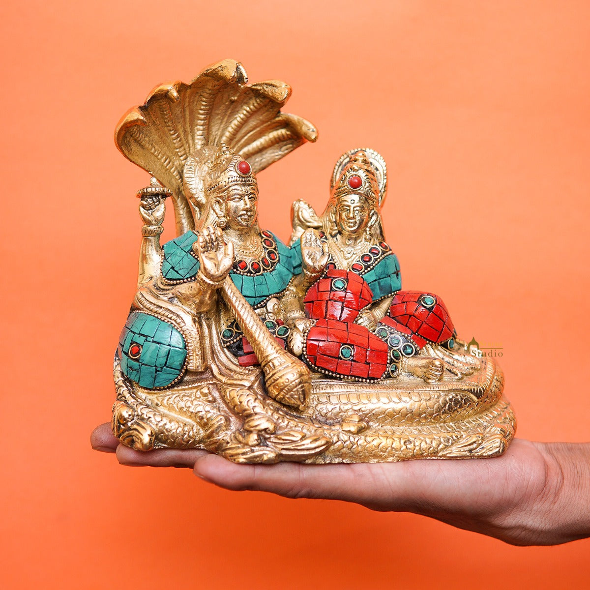 Brass Vishnu Lakshmi Idol Statue For Home Temple Pooja Room Decor 6"