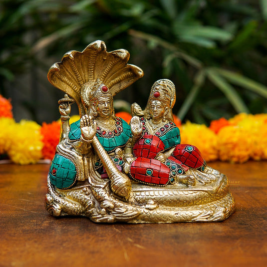 Brass Vishnu Lakshmi Idol Statue For Home Temple Pooja Room Decor 6"