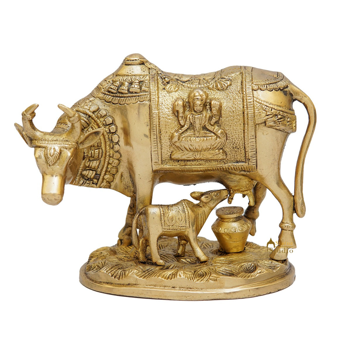Brass Cow With Calf Idol Lakshmi Ji Engraved Pooja Room Statue 7" - Image 4