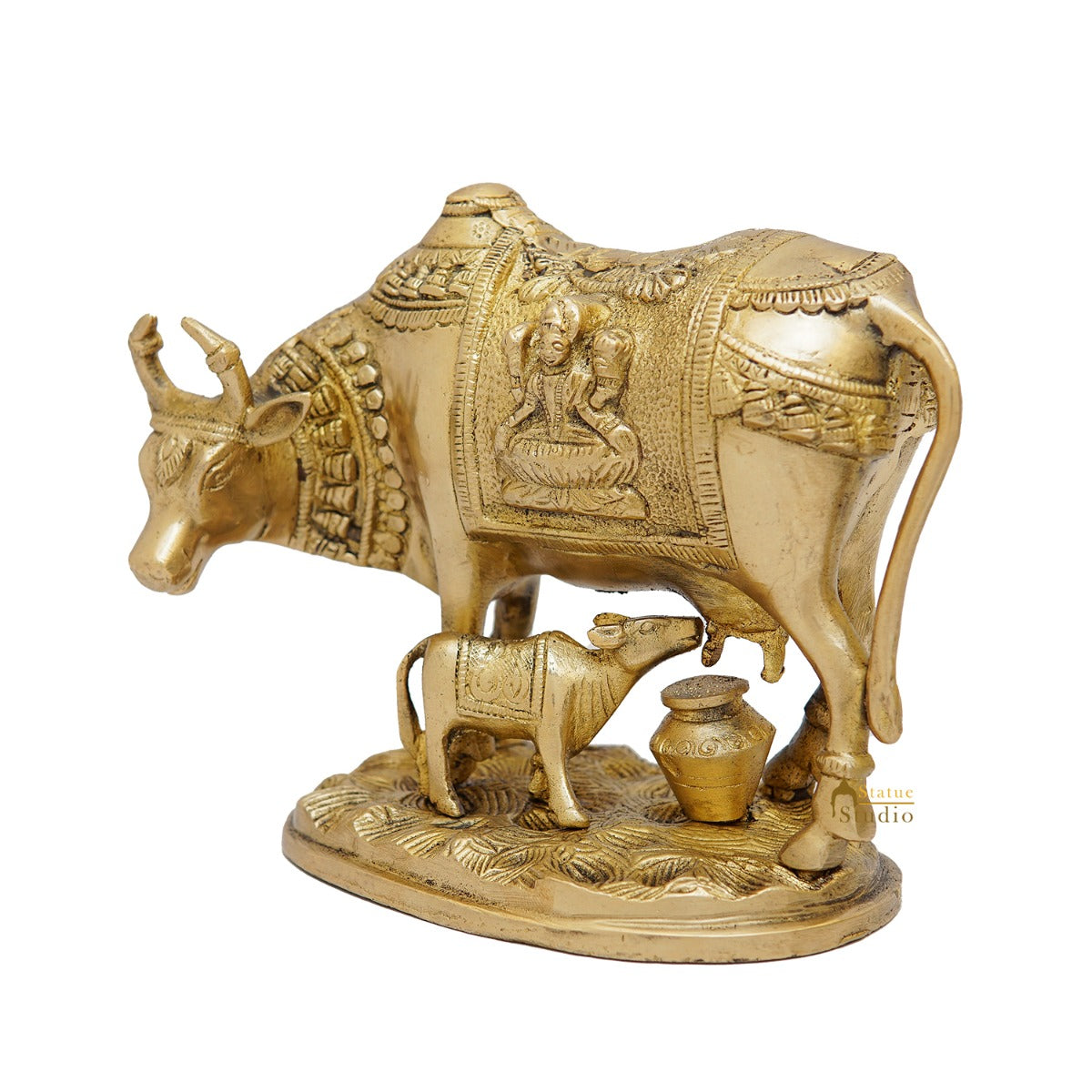 Brass Cow With Calf Idol Lakshmi Ji Engraved Pooja Room Statue 7" - Image 5