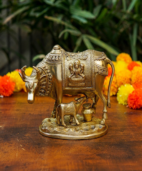 Brass Cow With Calf Idol Lakshmi Ji Engraved Pooja Room Statue 7" - Image 3