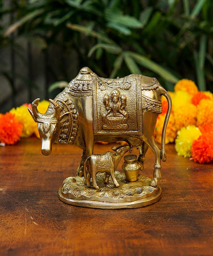 Brass Cow With Calf Idol Lakshmi Ji Engraved Pooja Room Statue 7" by vendor-unknown - Spiritual (View 3)