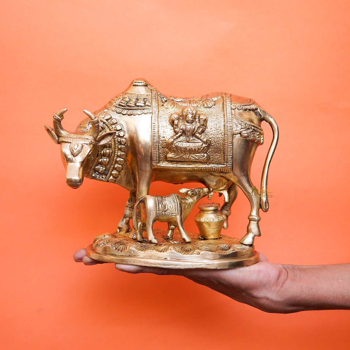 Brass Cow With Calf Idol Lakshmi Ji Engraved Pooja Room Statue 7" - Image 2