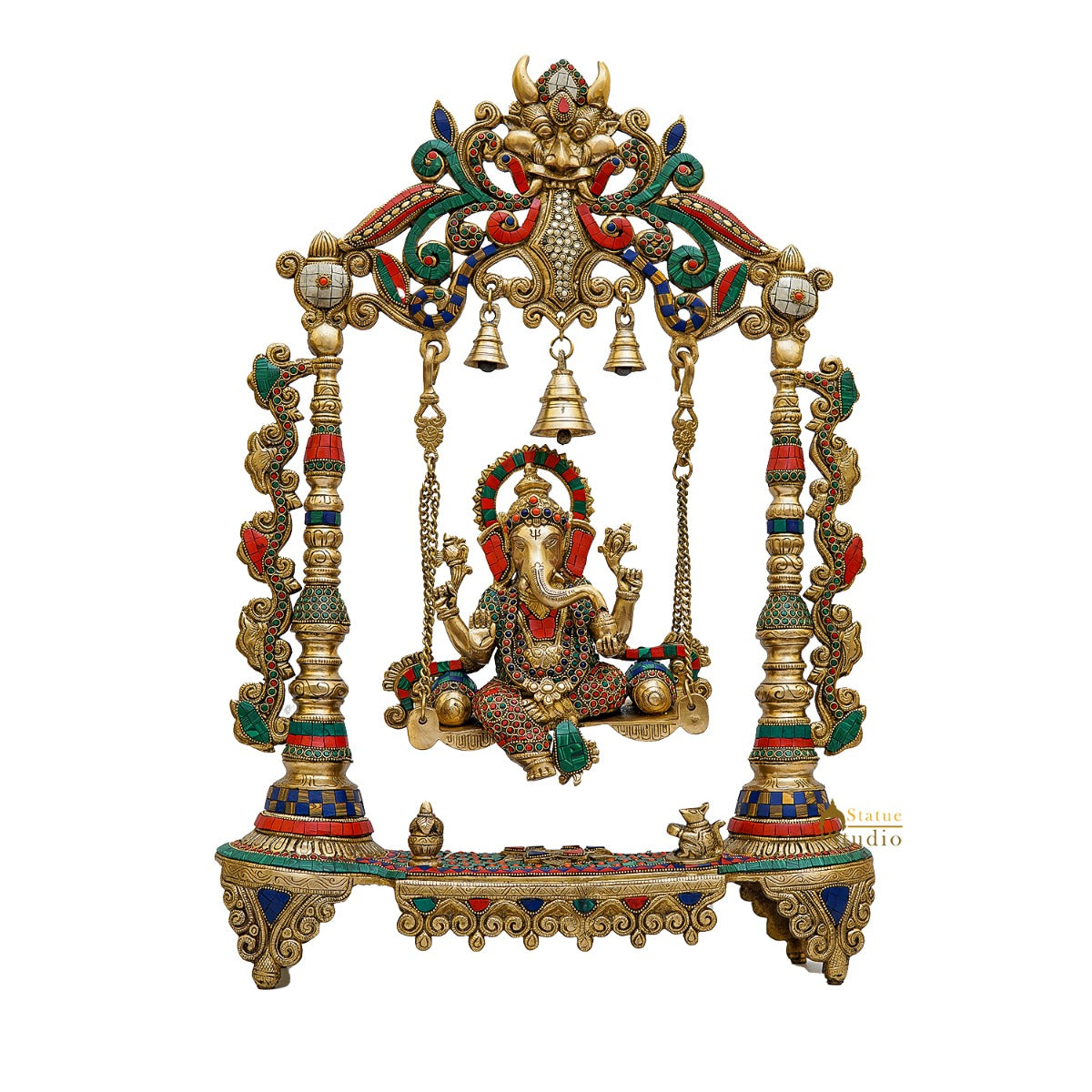 Brass Large Ganesha Idol With Swing Stone Work For Home Temple Decor 2 Feet