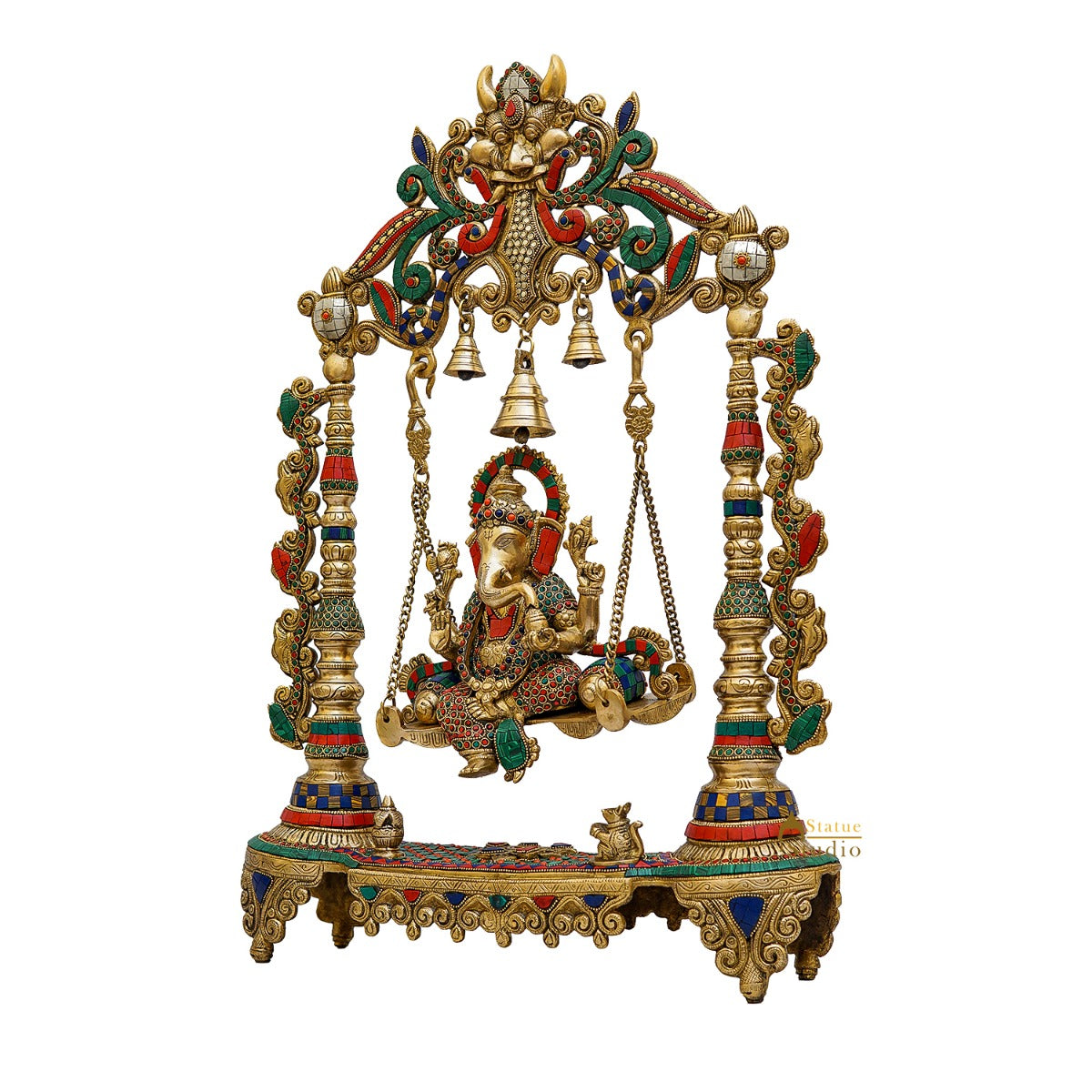 Brass Large Ganesha Idol With Swing Stone Work For Home Temple Decor 2 Feet