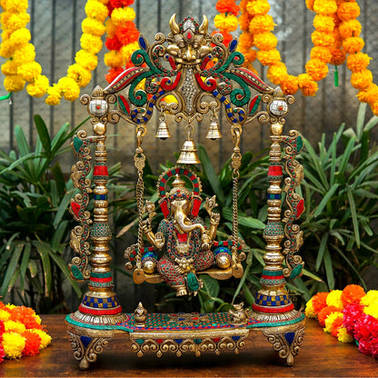 Brass Large Ganesha Idol With Swing Stone Work For Home Temple Decor 2 Feet by vendor-unknown - Hindu Gods