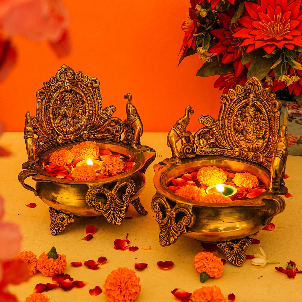 Brass Ganesha Lakshmi Urli Bowl For Home Diwali Decor Gifting Showpiece