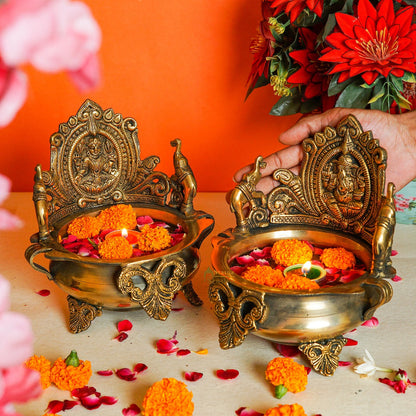 Brass Ganesha Lakshmi Urli Bowl For Home Diwali Decor Gifting Showpiece by vendor-unknown - Decor