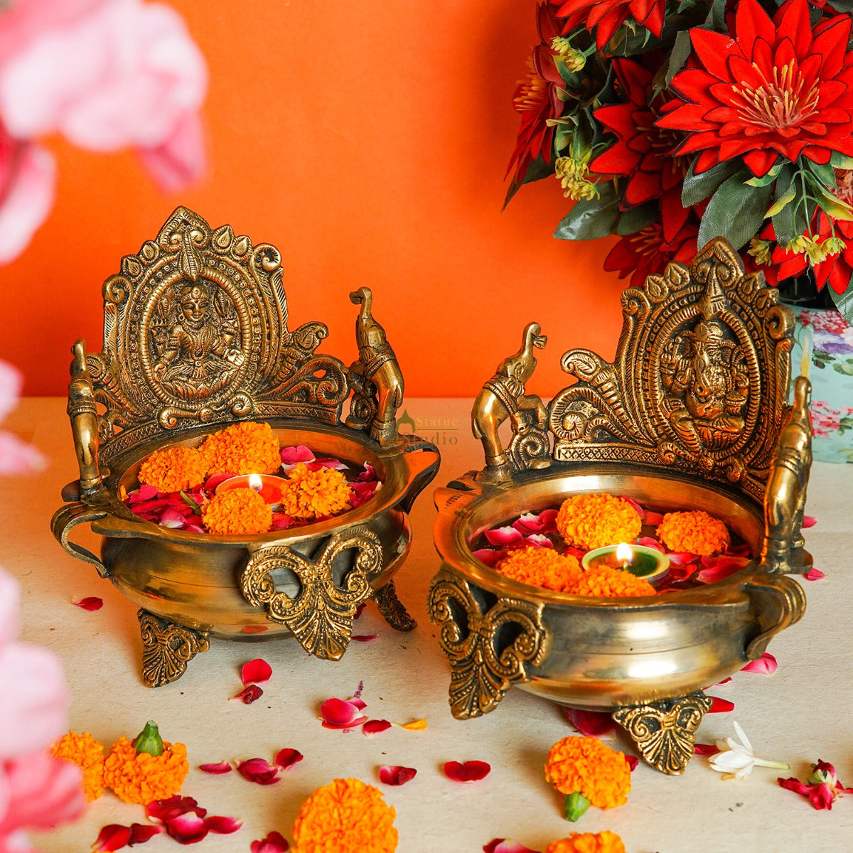 Brass Ganesha Lakshmi Urli Bowl For Home Diwali Decor Gifting Showpiece