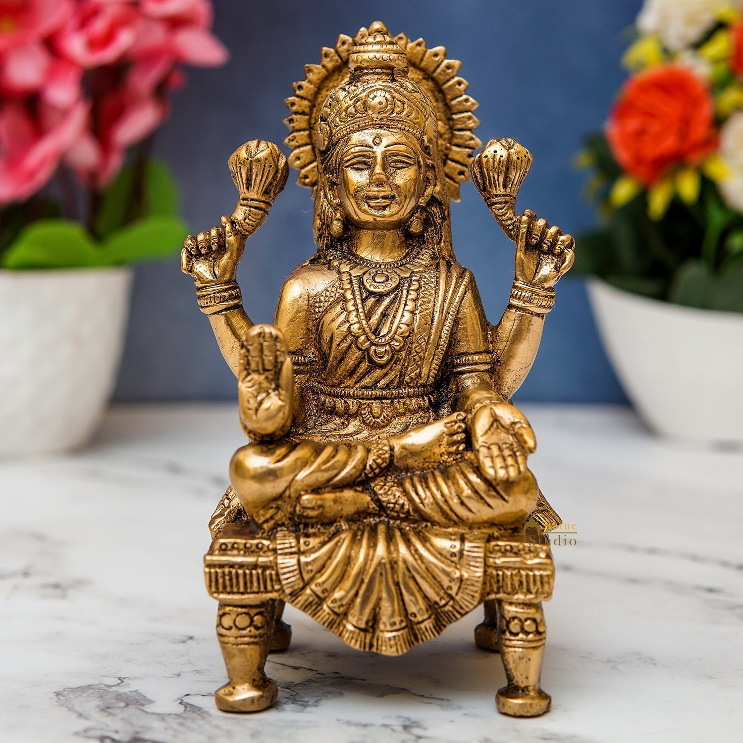 Brass Lakshmi Statue Laxmi Idol Murti Religious Home Decor Lucky 6" - Eco-friendly - Sama Homes