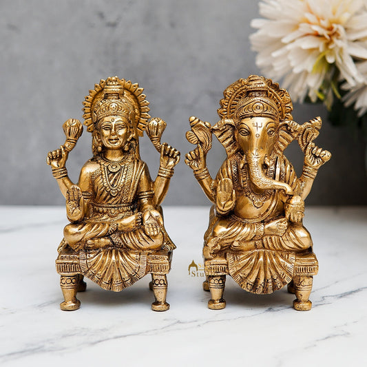 Brass Ganesha Lakshmi Statue Laxmi Ganesh Idol For Diwali Home Puja Decor Gift 6"